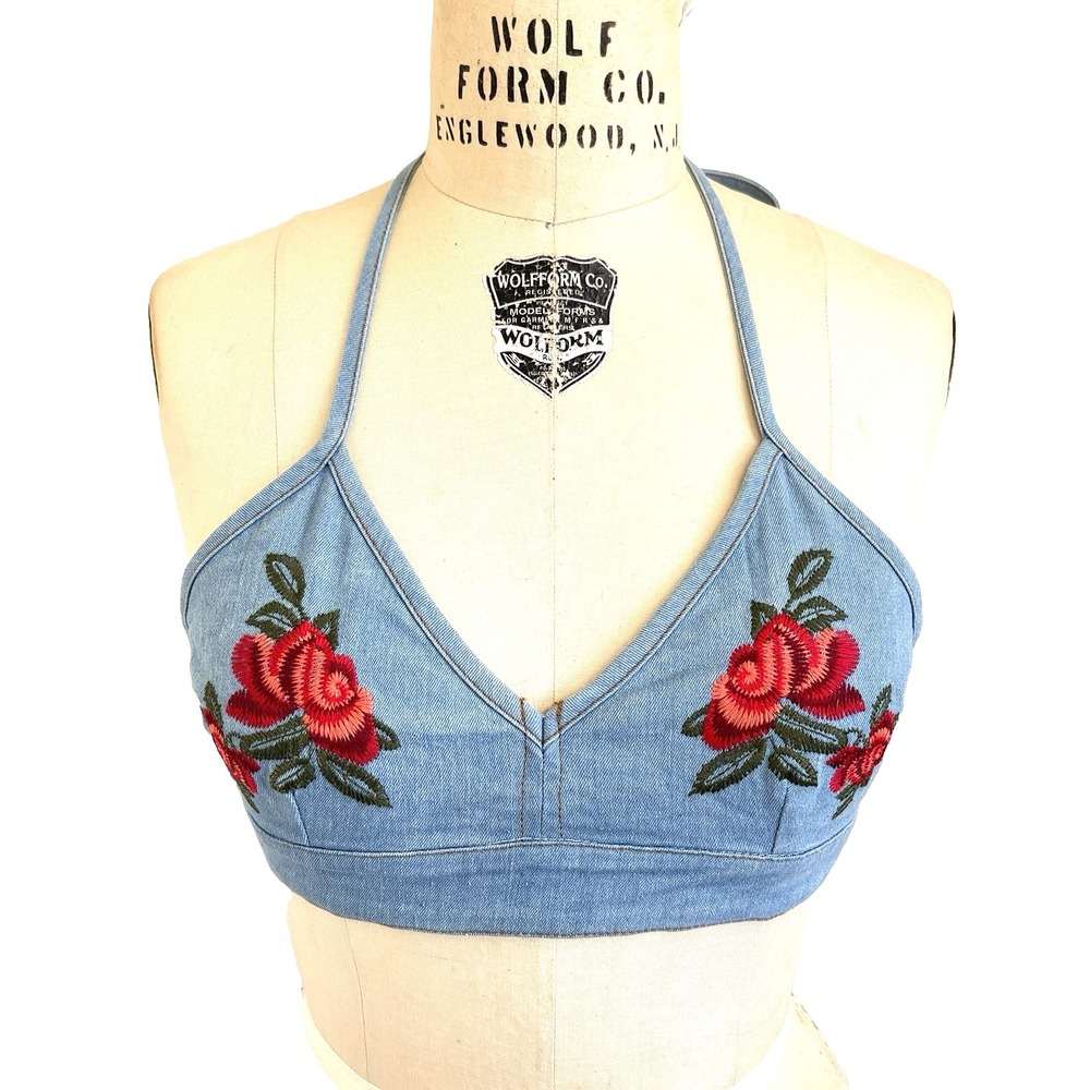 Womens‎ Denim Bralette Top S Floral Embroidered Festival Rodeo Boho Rave Concert